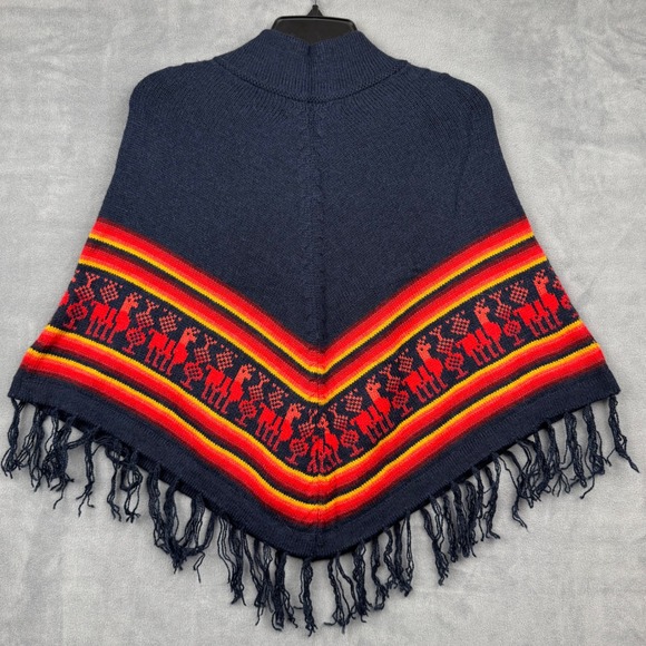 Dannita 100% Alpaca Poncho Navy Red Yellow Geometric Fringe Made Peru Women‎ - Picture 5 of 5